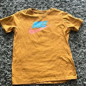 Nike Kids Mustard T-Shirt with Blue and Orange Logos